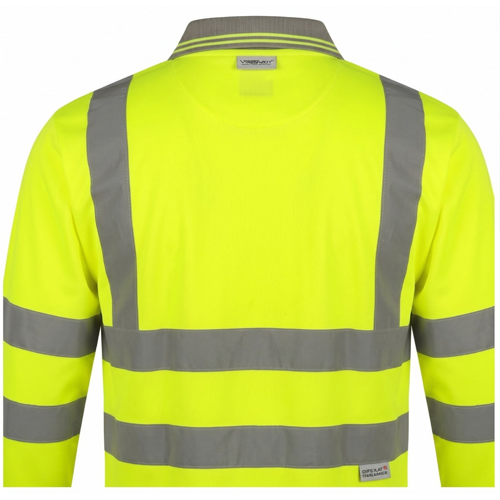 Hi Viz High Visibility Long Sleeve Polo Shirts with Grey Collar and Hem Reflective Tape Safety Hi Vis Security Work Breathable Lightweight Workwear Tops (Large, Yellow)