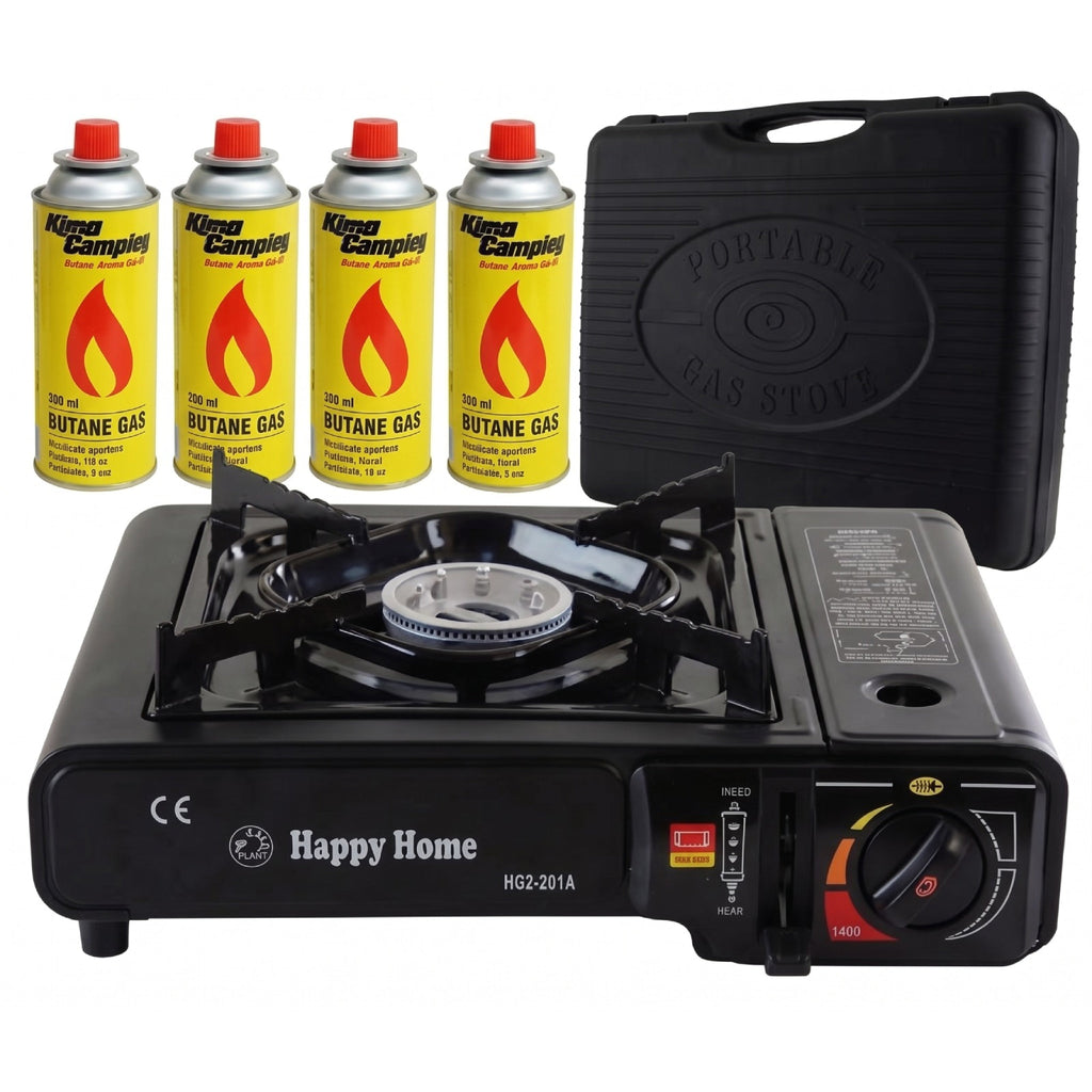 B2C Butane Stove Portable Cooker in Carry Case 2 4 8 12 Gas Bottles Camping BBQ Kit Gas Camping Stove with Automatic Ignition & Heat Control (Gas Stove + 4 Butane Cans), Black (MANIEKSTOVE)