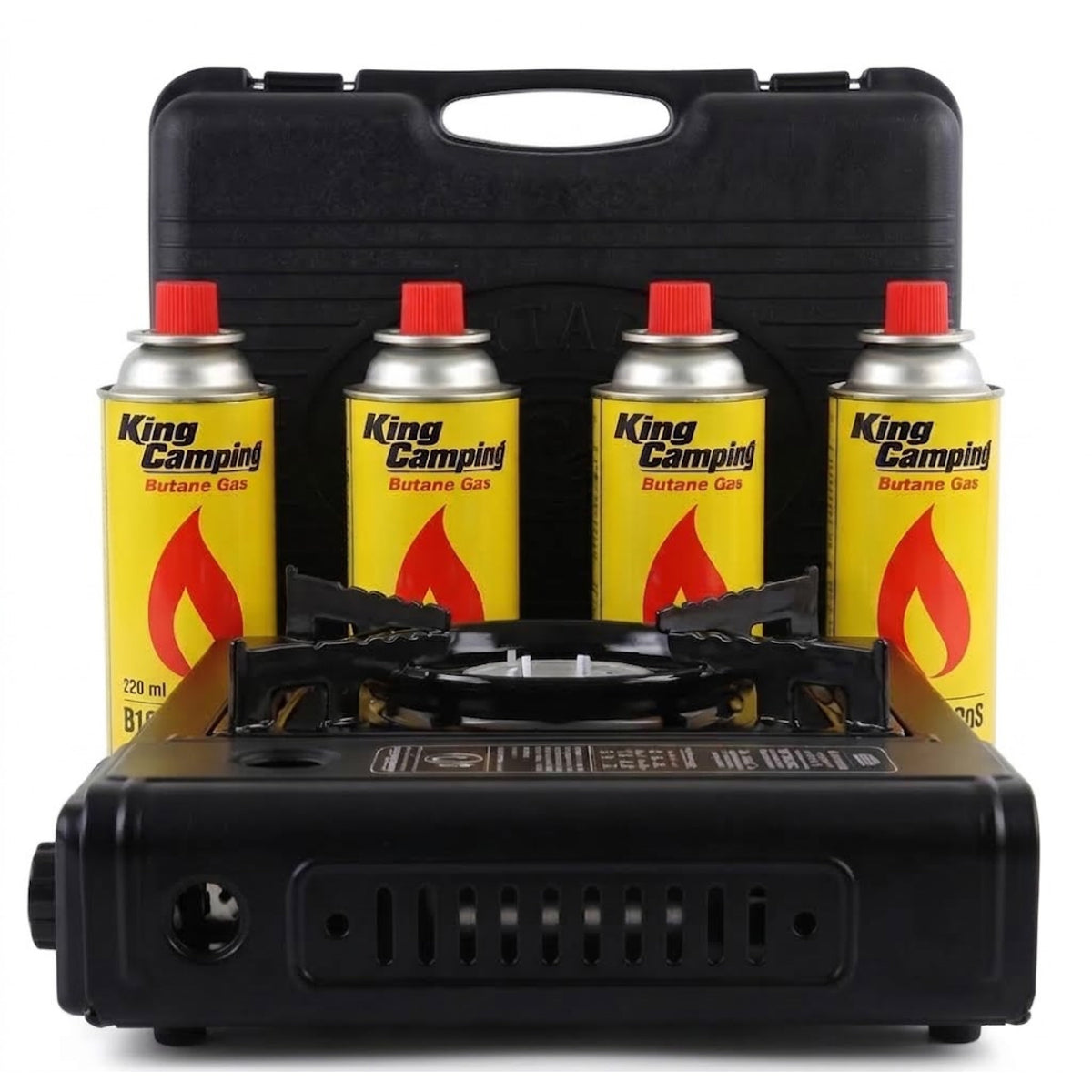 B2C Butane Stove Portable Cooker in Carry Case 2 4 8 12 Gas Bottles Camping BBQ Kit Gas Camping Stove with Automatic Ignition & Heat Control (Gas Stove + 4 Butane Cans), Black (MANIEKSTOVE)