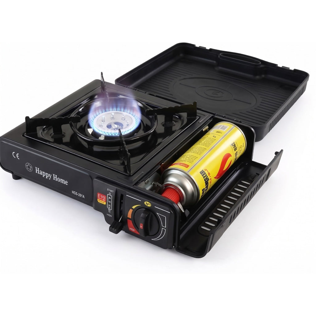 B2C Butane Stove Portable Cooker in Carry Case 2 4 8 12 Gas Bottles Camping BBQ Kit Gas Camping Stove with Automatic Ignition & Heat Control (Gas Stove + 4 Butane Cans), Black (MANIEKSTOVE)