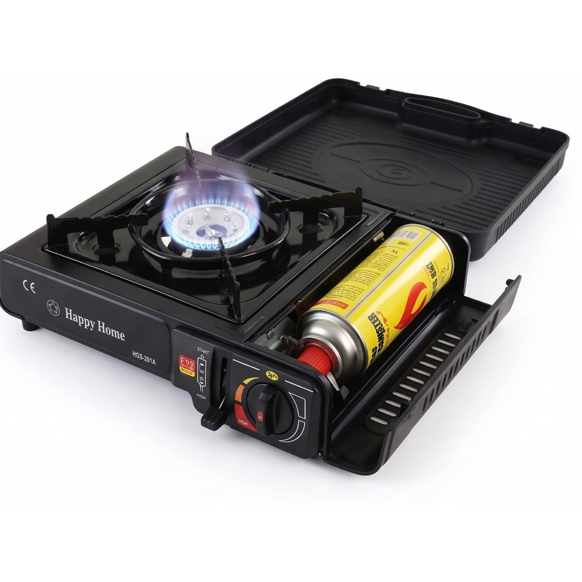 B2C Butane Stove Portable Cooker in Carry Case 2 4 8 12 Gas Bottles Camping BBQ Kit Gas Camping Stove with Automatic Ignition & Heat Control (Gas Stove + 4 Butane Cans), Black (MANIEKSTOVE)
