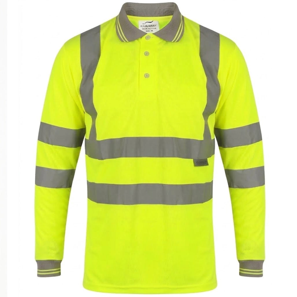 Hi Viz High Visibility Long Sleeve Polo Shirts with Grey Collar and Hem Reflective Tape Safety Hi Vis Security Work Breathable Lightweight Workwear Tops (Large, Yellow)